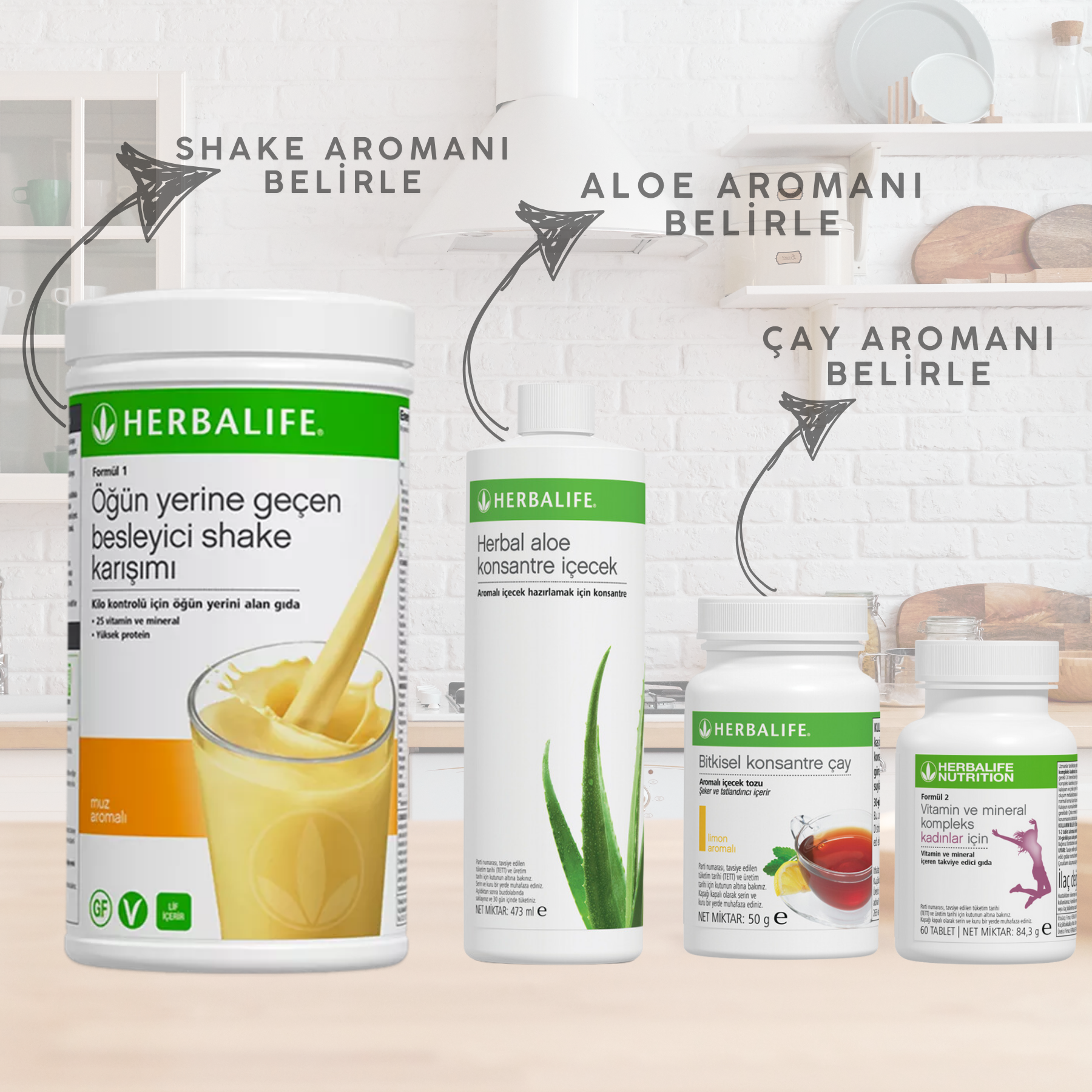 shake+aleo+50 gram çay+kadın vitaimini ++ Herbalife Kadın Aşağı Kilo Kontrol Seti 3 Fit Paket - Görsel 1